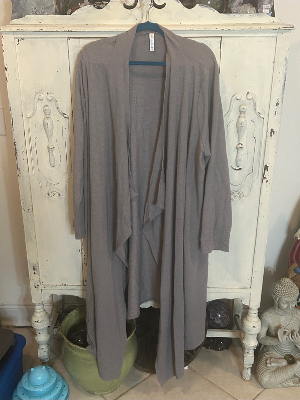 Light Taupe Open-Front Draped Women's Sweater Cardigan/Duster